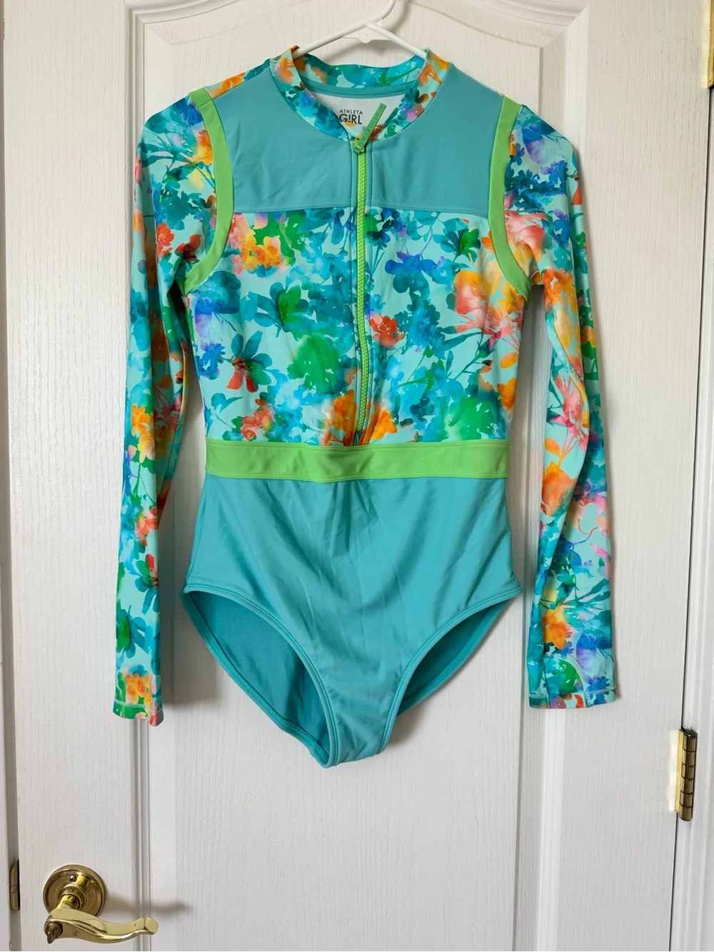 Athleta Girl Mock Neck One Piece Swimsuit Aqua Long Sleeve Zip Front XXL 16